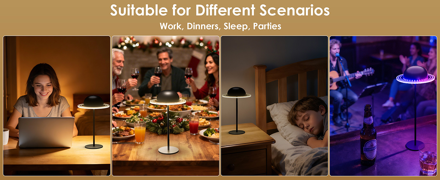 Text reads 'Suitable for different scenarios'. Four interior scenes showing dimly lit environments including dining, studying, and entertainment settings.
