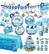 LINHAXM 157 PCS Shark Birthday Party Decorations Includes Plates, Napkins, Cups, Cutlery, Cake To...