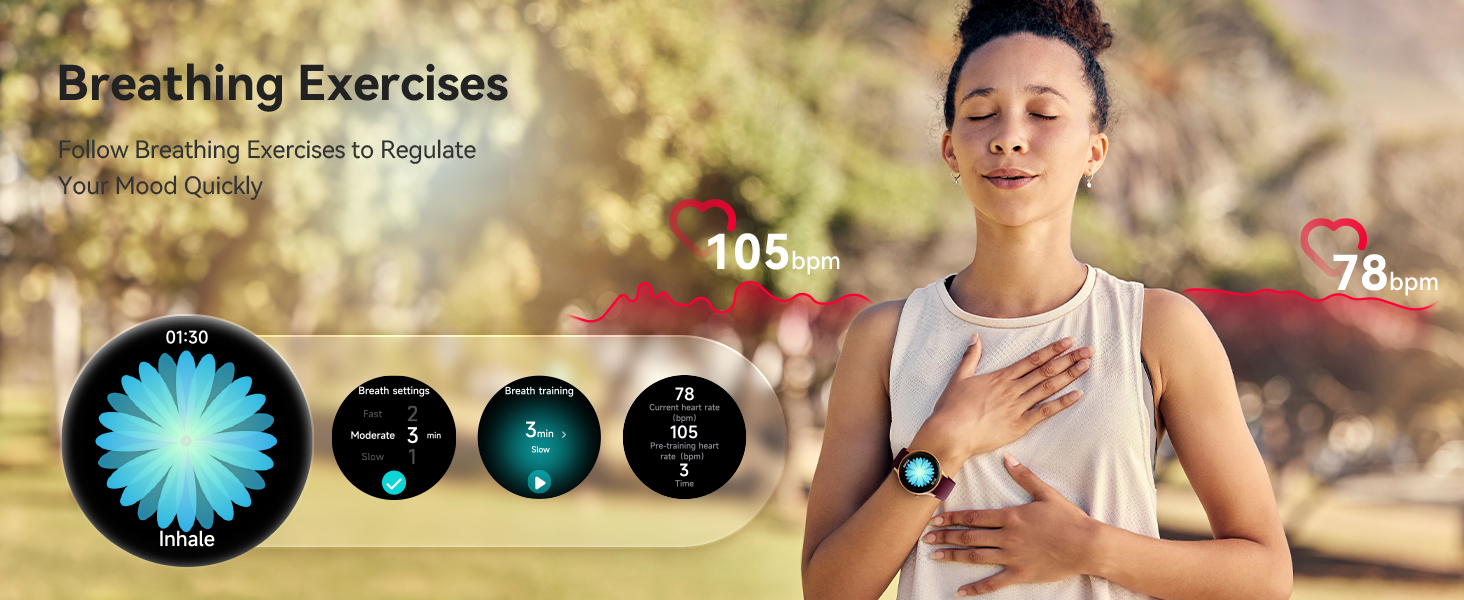 Text reads 'Breathing Exercises'. Digital interface showing four circular icons representing different breathing exercise patterns in blue and white.