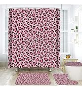 Onalasyc 4PCS Pink Leopard Print Shower Curtain Set, with Carpet and Accessories, Sexy Modern Pin...