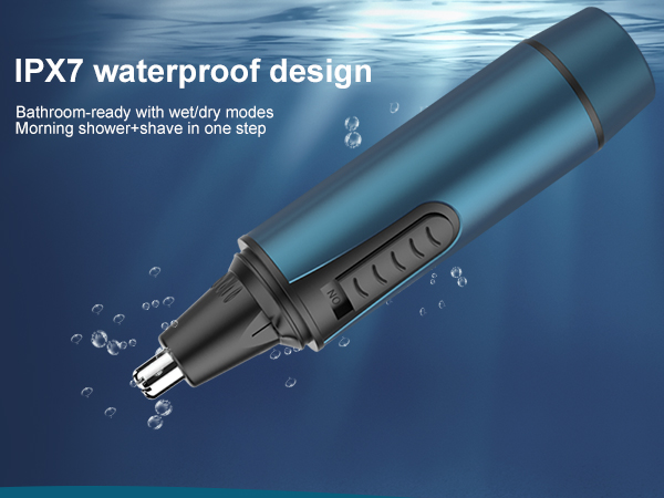 Text reads 'IPX7 waterproof design' and 'Morning shower+shave in one step'. Product rendering shows blue and black waterproof electronic device in underwater environment with water droplet effects.