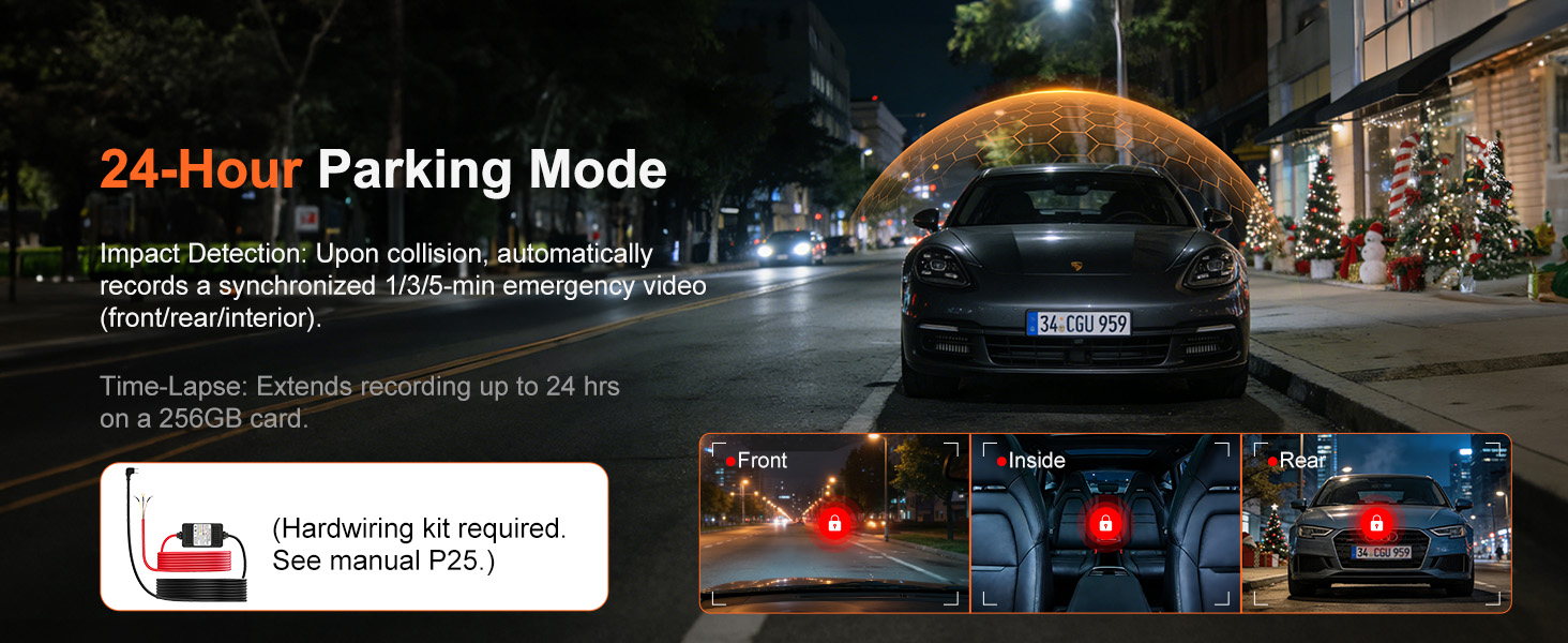 4K dash cam with 24 hour parking mode
