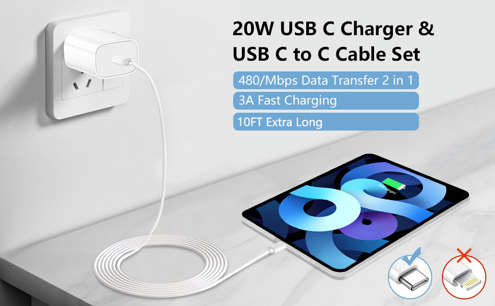 20W USB C Charger with 10ft USB C to USB C Cable