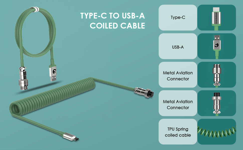 Coiled Type-c to Type A Coiled Cable with metal avaitor long spiral spring cable for keyboard phone