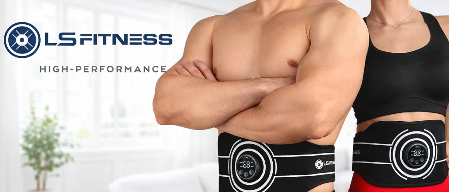 Black LS Fitness abdominal toning belt with wireless controller displayed on a white background