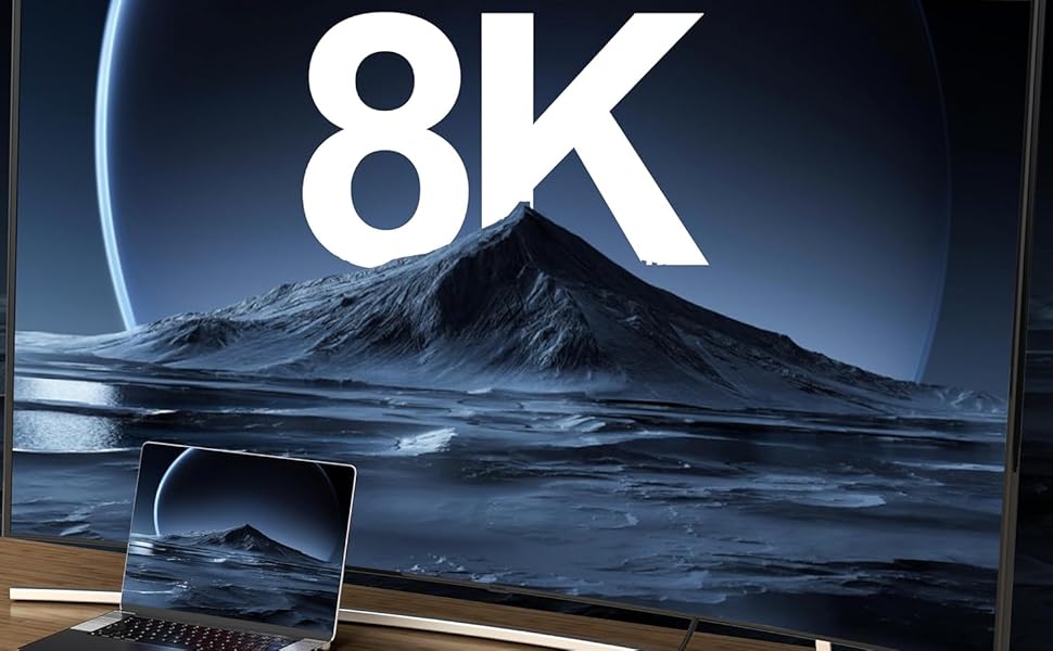 8K resolution display showcasing a mountain landscape. Laptop connected to large screen, demonstrating high-definition clarity and multi-device support.