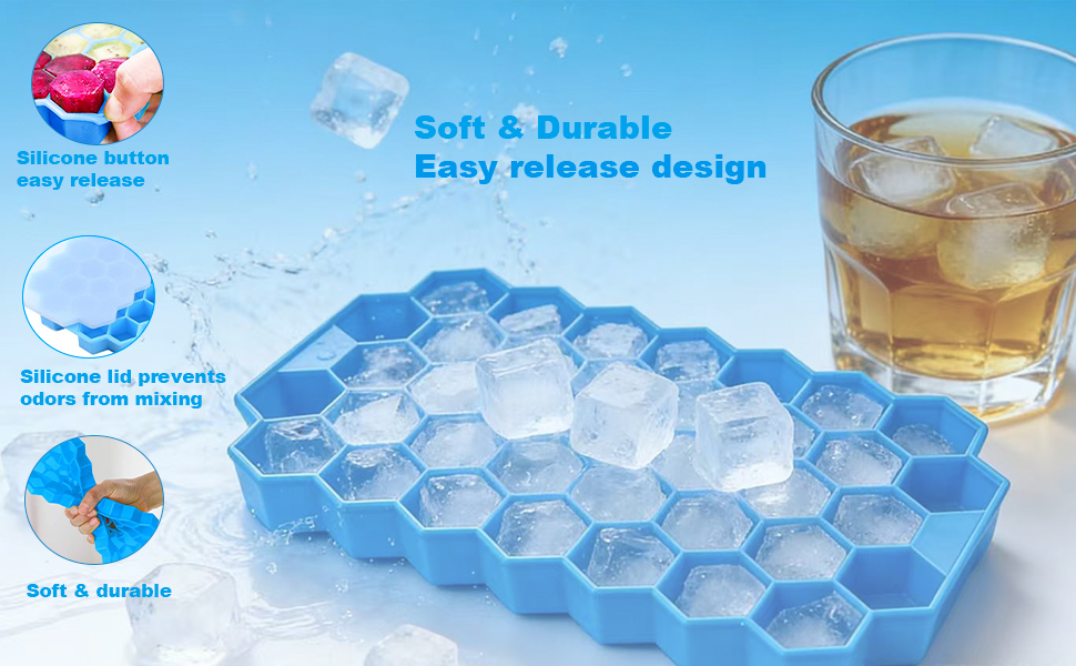 Text reads 'Soft &amp; Durable', 'Easy release design'. Blue honeycomb-shaped ice cube tray with drink preparation demonstration.