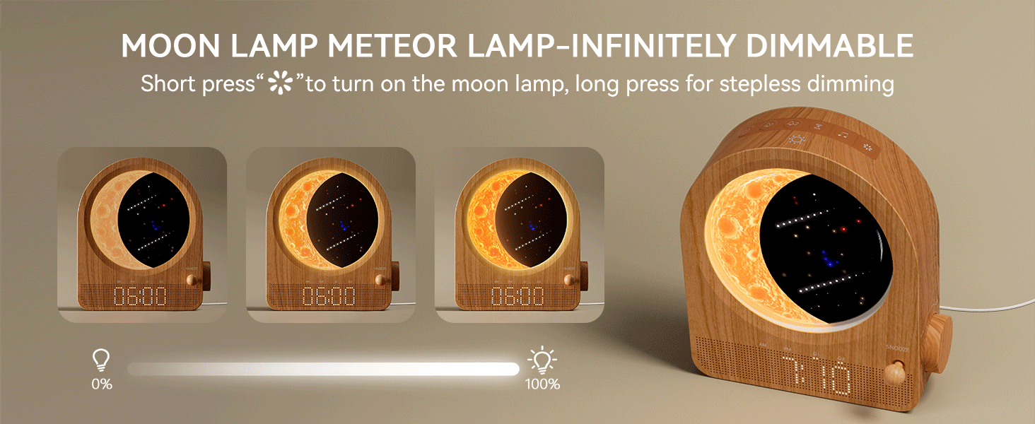 Text reads 'MOON LAMP METEOR LAMP - INFINITELY DIMMABLE'. Product shots showing spherical lamp with crater-like texture in various lighting states, demonstrating dimming capability.