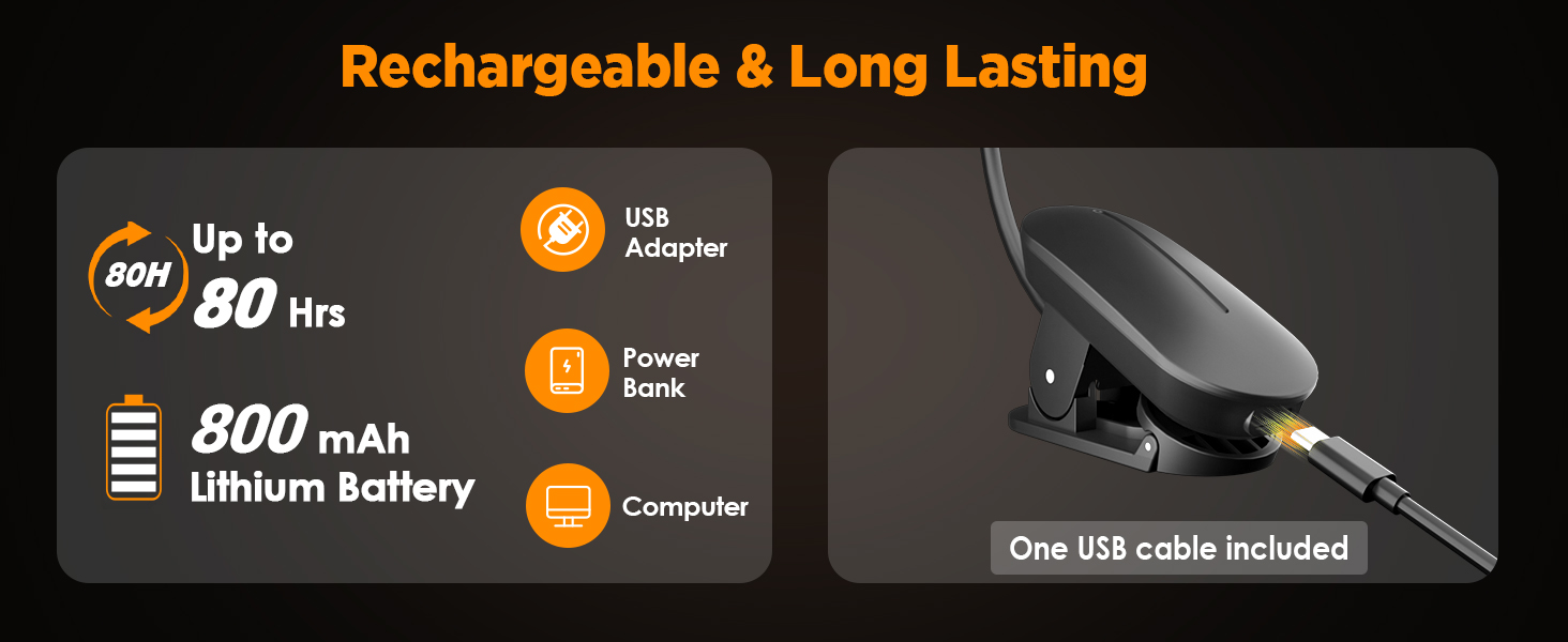 Long Lasting &amp;amp; USB Rechargeable book light Up to80H with 800 mAh Battery
