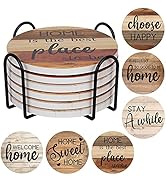 Adorever Coasters for Drinks Absorbent with Holder, 6 Pcs Ceramic Rustic Farmhouse Drink Coasters...