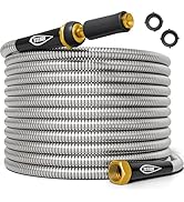 Garden Hose 25FT - Heavy Duty (304) Stainless Steel Water Hose with Brass Fittings &amp; Nozzle, Kink...