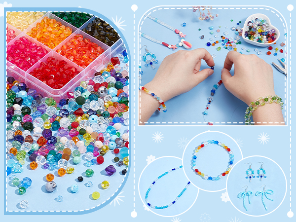 DIY jewelry making kit featuring colorful plastic beads in compartmentalized storage box, with completed beaded bracelets and assembly demonstration shown in accompanying panels.