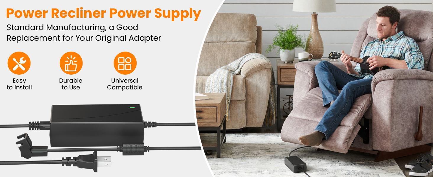 Universal Power Cord for Recliner Chair, 2-pin 29V 2A