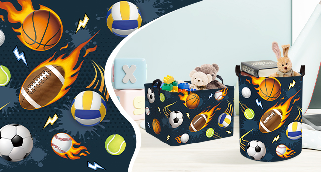 Sports-themed pattern featuring various balls including basketball, football, volleyball, and soccer ball on dark background with dynamic motion elements.