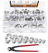 150Pcs 304 Stainless Steel Single Ear Hose Clamp with Ear Clamp Pincer, 6-23.5mm Crimp Hose Clamp...