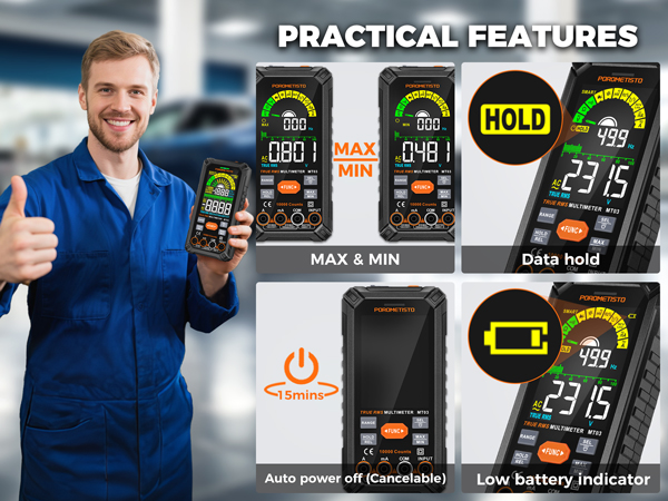 MAX &amp;amp; MIN, Data hold, Auto power off (Cancelable), Low battery indicator