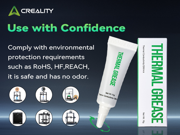Creality thermal grease product with white tube and green text. Advertisement shows safety icons and highlights environmental compliance with RoHS and REACH standards.
