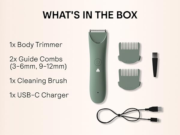1 body trimmer,2 guide combs,1 cleaning brush,1 USB-C charger