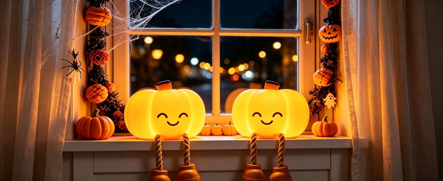 Two pumpkin night lights on the windowsill