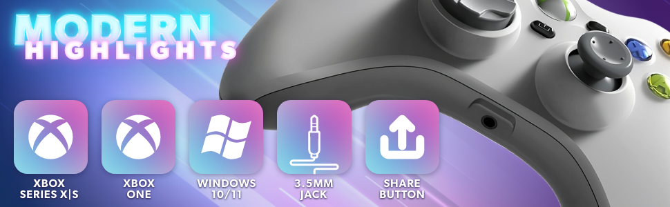 Modern highlights: Xbox Series X|S, Xbox One, Windows 10/11, 3.5mm jack, and share button