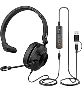 EAGATON S600 Pro Wired Single-Ear Headset with Dual-Mic ENC Noise Cancelling, USB &amp; Type-C Connec...