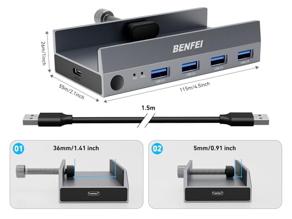 BENFEI USB hub with four USB 3.0 ports, mounting brackets, and technical dimensions showing 36mm and 5mm measurements.