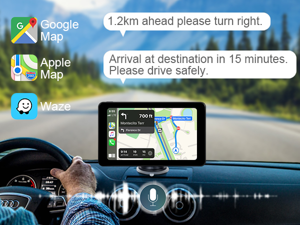 Car dashboard with GPS navigation device displaying map and turn instructions. Logos of navigation apps shown above.