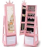 CHARMAID 360° Swivel Kids Jewelry Cabinet, 47" Full Length Mirror with Jewelry Storage, Jewelry A...