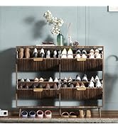 QIVOMIX Shoe Cabinet Storage,Modern Freestanding Organizer with 4 Flip Drawers,Narrow Shoe Rack C...