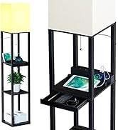 SUNMORY Floor Lamp with Shelves,Modern Dimmable Solid Wood Standing Lamp with 1 Drawer and 2 USB ...