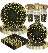 Black and Gold Dots Plates Set for 24 Guests,168PCS Disposable Dinnerware Party Supplies,Paper Pl...