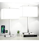 21" Set of 2 Touch Control Table Lamps with 2 USB &amp; AC Outlets, 3-Way Dimmable Modern Nightstand ...