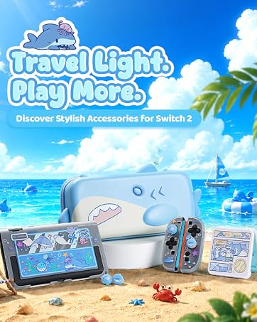 Text reads 'Travel Light, Play More.' and 'Discover Stylish Accessories for Switch 2'. Beach scene displaying Nintendo Switch accessories in blue carry case on sand.
