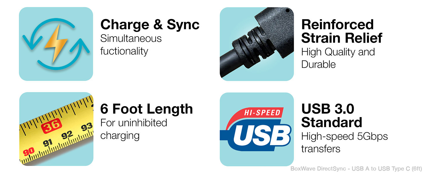 Features simultaneous charger &amp; sync, 6 foot length, reinforced strain relief, USB 3.0