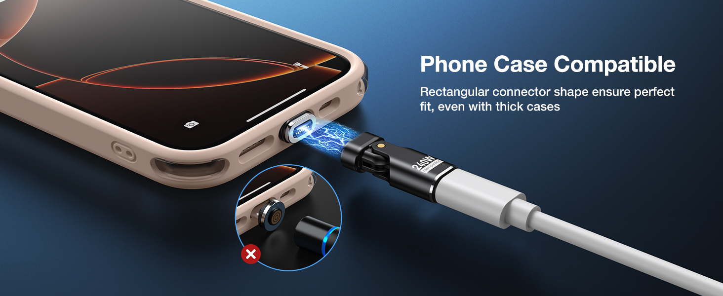 Smartphone charging cable with rectangular connector, designed to be compatible with phone cases. Close-up shows connector shape and glowing blue light during connection.