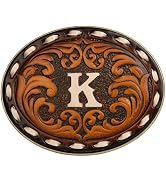 Western Belt Buckle for Cowboy &amp; Cowgirl - Handmade Leather Engraved Initial Letter ABC To Z West...