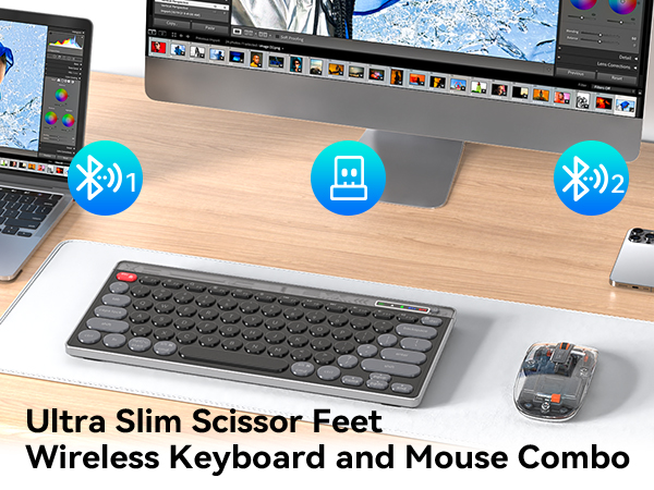 Wireless Keyboard and Mouse Combos - Dual Bluetooth &amp; 2.4GHz USB Receiver, Transparent Mouse