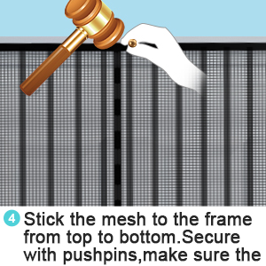 Mesh installation guide for a frame. Golden gavel hitting mesh. Instructions to secure mesh from top to bottom using pushpins.