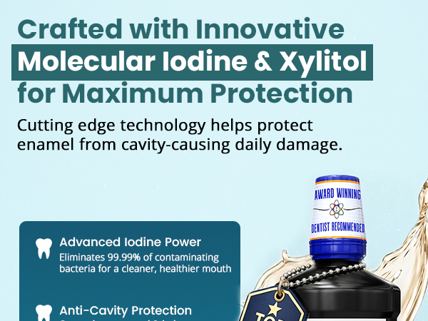 Fluoride mouth rinse featuring xylitol and molecular iodine in mint flavor