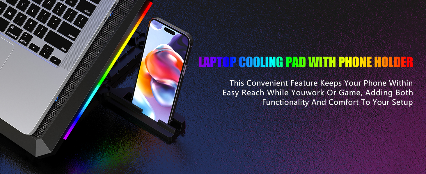 Text reads: 'LAPTOP COOLING PAD WITH PHONE HOLDER'. Laptop cooling pad with RGB lighting and phone mount feature shown against dark background.