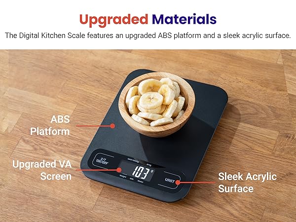 The Digital Kitchen Scale features an upgraded ABS platform and a sleek acrylic surface.