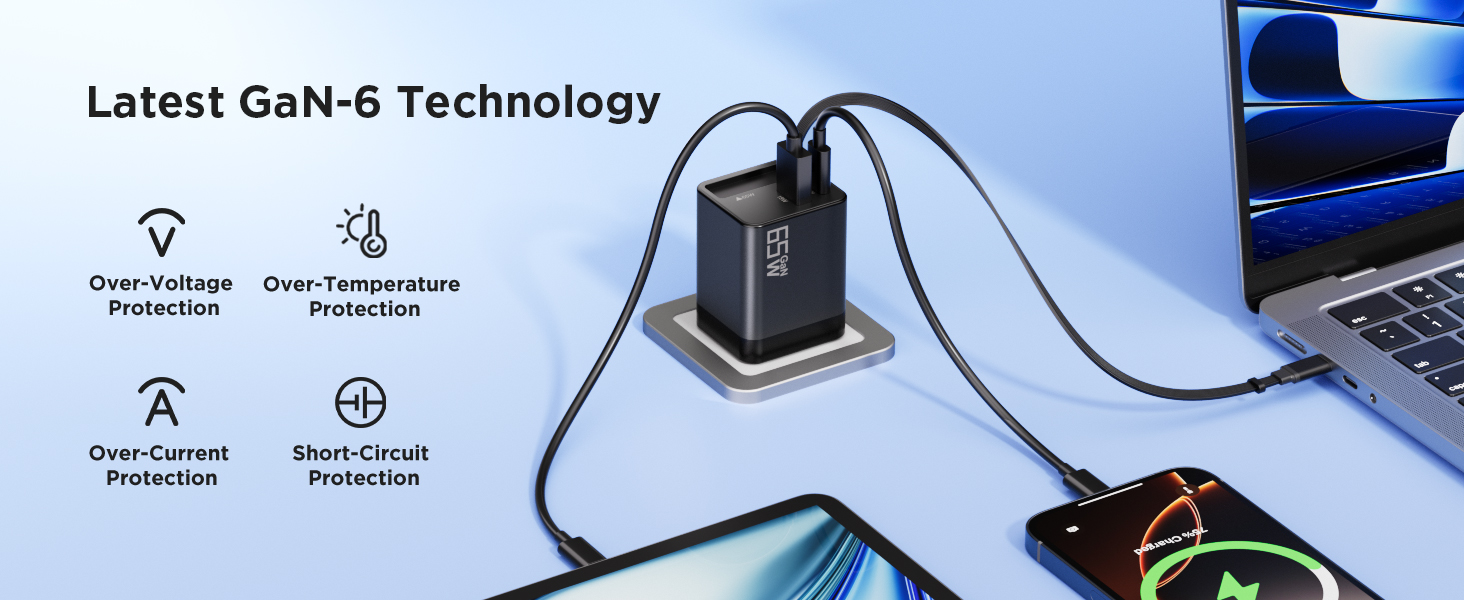65W Retractable Wall Charger, USB C Charger Block Built-in Type C Cable &amp;amp; Dual Port