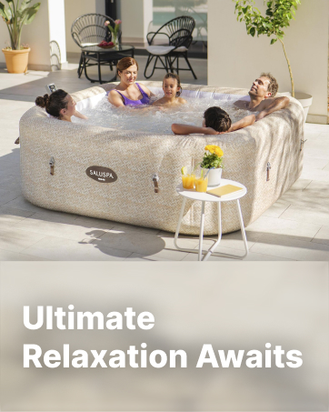 People relax in square inflatable spa on patio with drinks and Ultimate Relaxation Awaits