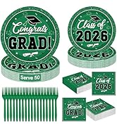 QZYL 200Pcs Graduation Party Supplies, Green Graduation Plates and Napkins, Disposable Grad Desse...