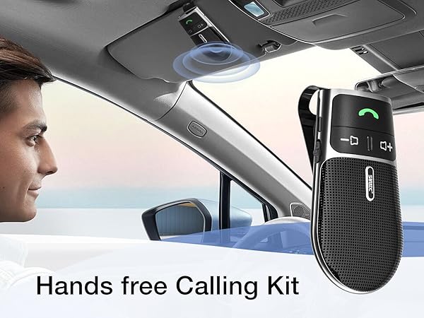 Vehicle hands-free calling kit with black mesh speaker unit mounted on car visor, featuring button controls for call management.