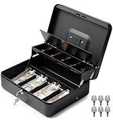 Volcora Large Cash Box with Key Lock, Metal Money Box for Cash, Portable Locking Safe Box with Co...