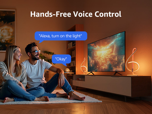Smart TV with voice control feature, showing a couple using voice commands to control their television and smart home devices.