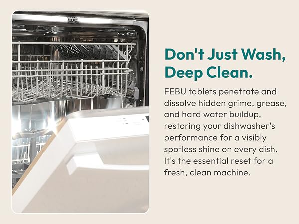 Deep cleaning dishwasher tablets. Remove hidden grime, grease and hard water buildup