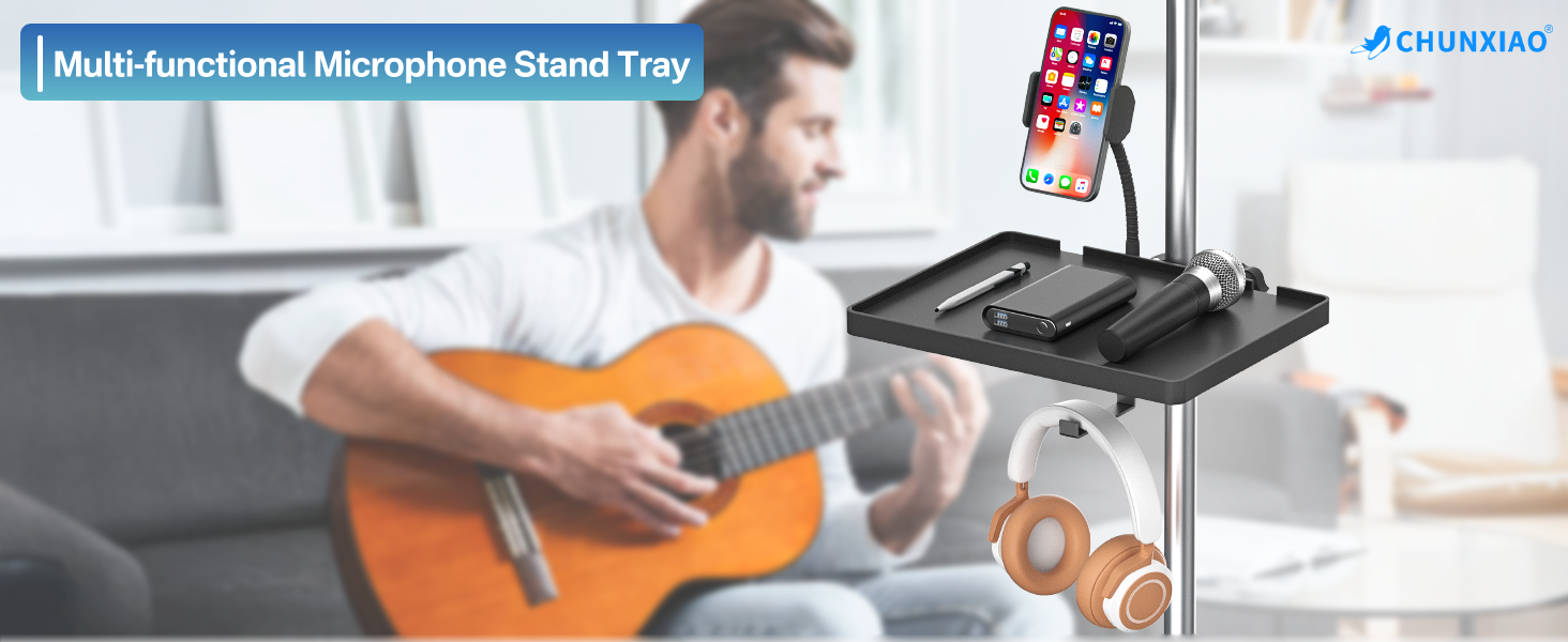 Universal Microphone Stand Tray with Phone &amp;amp; Headphone Holder