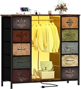 VASICAR Dresser for Bedroom with Hanging Rack, 10 Drawers TV Stand with Charging Station LED Ligh...